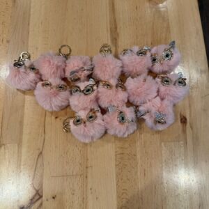 Cute Pink Fluffy Owl Keychain Charm Rhinestone Sparkle Eyes Gold Tone Lot (14)
